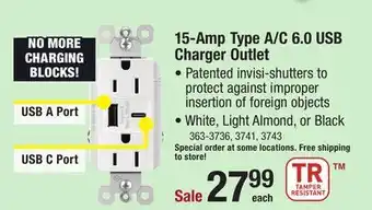 Menards Legrand radiant white 15-amp type a/c 6.0 usb charger with tamper resistant outlets offer