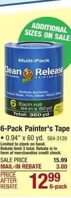 Menards Duck clean release 0.94 x 60 yd multi-surface painter's tape - 6 pack offer