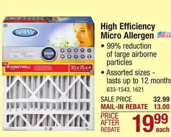 Menards Bestair 20 x 25 x 4 high efficiency merv 13 pleated air filter offer