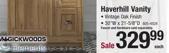 Menards Magickwoods elements haverhill 30w x 21-5/8d vintage oak vanity cabinet offer