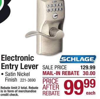 Menards Schlage accent satin nickel electronic keyless flex-lock entry door lever offer