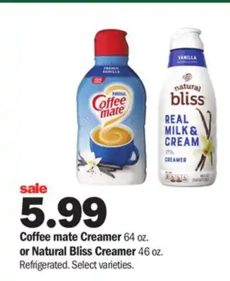 Meijer Coffee mate creamer 64 oz. or natural bliss creamer 46 oz offer