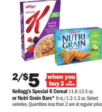 Meijer Kellogg's special k cereal 11.6-13.5 oz. or nutri grain bars* 8 ct./1.2-1.3 oz offer