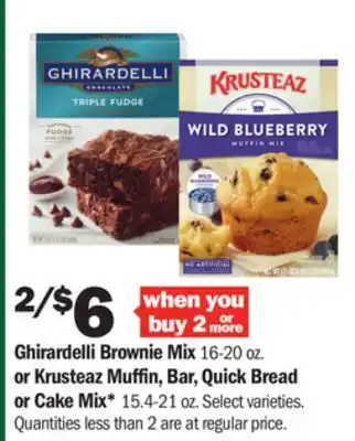 Meijer Ghirardelli brownie mix 16-20 oz. or krusteaz muffin, bar, quick bread or cake mix* 15.4-21 oz offer