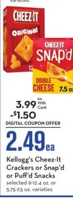 Mariano's Kellogg's cheez-it crackers or snap'd or puff'd snacks offer