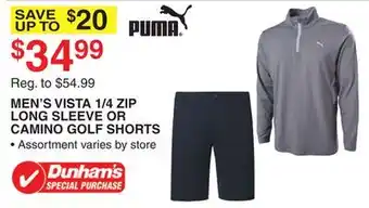 Dunham's Sports Puma men's vista 1/4 zip long sleeve or camino golf shorts offer