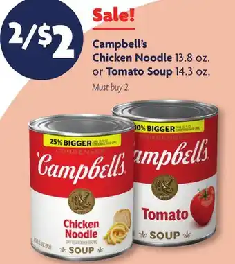 Family Dollar Campbell's chicken noodle 13.8 oz. or tomato soup 14.3 oz offer