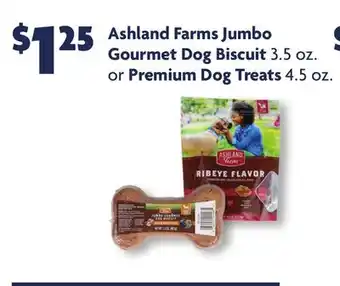 Family Dollar Ashland farms jumbo gourmet dog biscuit 3.5 oz. or premium dog treats 4.5 oz offer