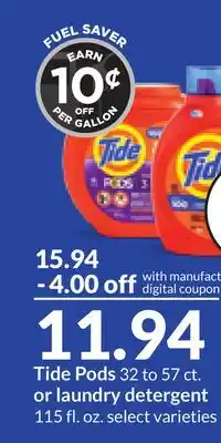 Hy-Vee Tide pods 32 to 57 ct. or laundry detergent 115 fl. oz offer