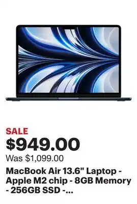 Best Buy Macbook air 13.6 laptop - apple m2 chip - 8gb memory - 256gb ssd - midnight offer