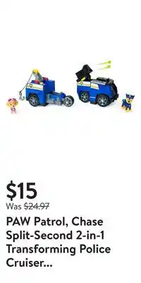 Walmart Paw patrol, chase split-second 2-in-1 transforming police cruiser vehicle with 2 collectible figures offer