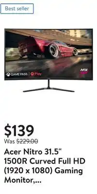 Walmart Acer nitro 31.5 1500r curved full hd (1920 x 1080) gaming monitor, black, ed320qr s3biipx offer