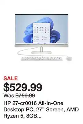 Office Depot Hp 27-cr0016 all-in-one desktop pc, 27 screen, amd ryzen 5, 8gb memory, 512gb solid state drive, wi-fi 6, windows 11 offer