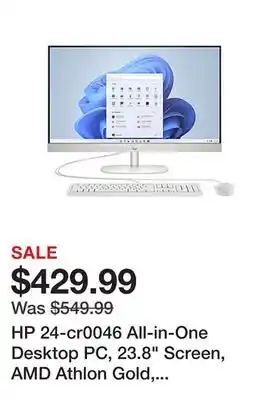 Office Depot Hp 24-cr0046 all-in-one desktop pc, 23.8 screen, amd athlon gold, 4gb memory, 256gb solid state drive, windows 11 home offer