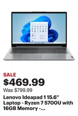 Best Buy Lenovo ideapad 1 15.6 laptop - ryzen 7 5700u with 16gb memory - amd radeon graphics - 512gb ssd - cloud gray offer