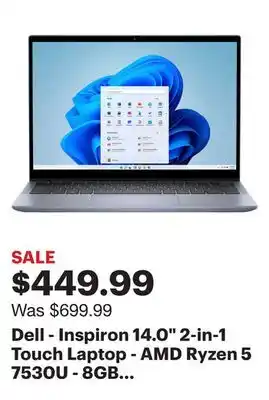 Best Buy Dell - inspiron 14.0 2-in-1 touch laptop - amd ryzen 5 7530u - 8gb memory - 512gb ssd - lavender blue offer