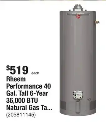The Home Depot Rheem performance 40 gal. tall 6-year 36,000 btu natural gas tank water heater offer