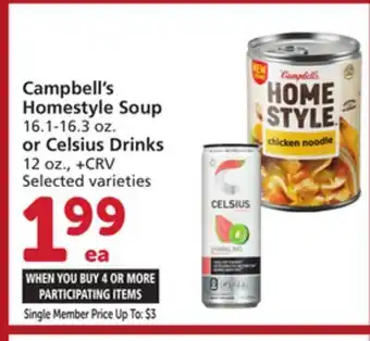 Vons Campbell's homestyle soup 16.1-16.3 oz. or celsius drinks 12 oz offer