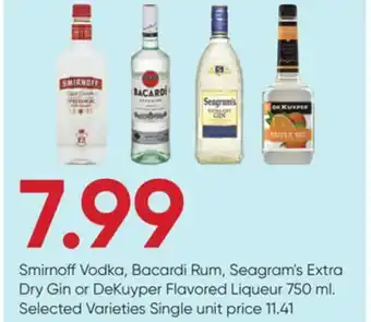Stater Bros Smirnoff vodka, bacardi rum, seagram's extra dry gin or dekuyper flavored liqueur offer