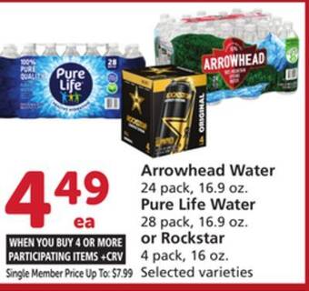 Albertsons Arrowhead water 24 pack, 16.9 oz. pure life water 28 pack, 16.9 oz. or rockstar 4 pack, 16 oz offer