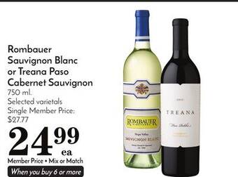 Pavilions Rombauer sauvignon blanc or treana paso cabernet sauvignon offer