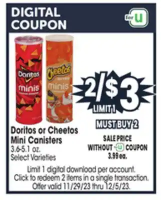 Jewel-Osco Doritos or cheetos mini canisters offer