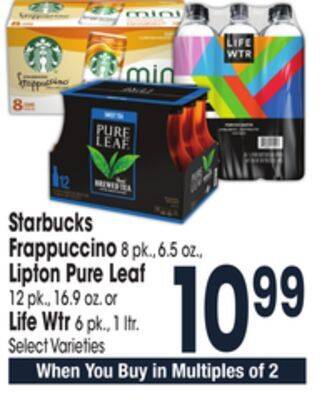 Jewel-Osco Starbucks frappuccino 8 pk., 6.5 oz., lipton pure leaf 12 pk., 16.9 oz. or life wtr 6 pk., 1 ltr offer
