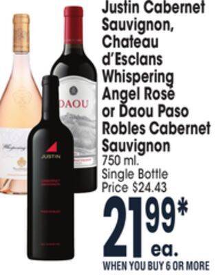 Jewel-Osco Justin cabernet sauvignon, chateau d'esclans whispering angel rosé or daou paso robles cabernet sauvignon offer