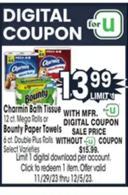 Jewel-Osco Charmin bath tissue 12 ct. mega rolls or bounty paper towels 6 ct. double plus rolls offer
