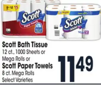 Jewel-Osco Scott bath tissue 12 ct., 1000 sheets or mega rolls or scott paper towels 8 ct. mega rolls offer
