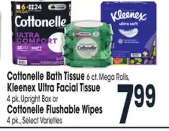 Jewel-Osco Cottonelle bath tissue 6 ct. mega rolls, kleenex ultra facial tissue 4 pk. upright box or cottonelle flushable wipes 4 pk offer