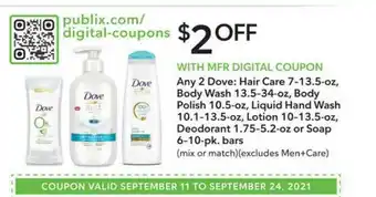 Publix Any 2 Dove : Hair Care, Body Wash, Body Polish, Liquid Hand Wash, Lotion, Deodorant Or Soap offer