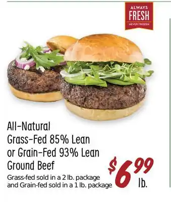 Sprouts Farmers Market All-natural grass-fed 85% lean or grain-fed 93% lean ground beef offer