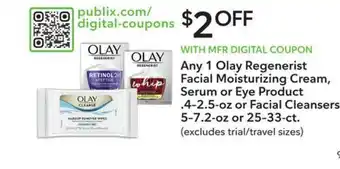 Publix Olay Regenerist Facial Moisturizing Cream, Serum Or Eye Product .4-2.5-oz Or Facial Cleansers 5-7.2-oz Or 25-33-ct. offer