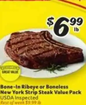 Winn Dixie Bone-in Ribeye Or Boneless New York Strip Steak Value Pack offer