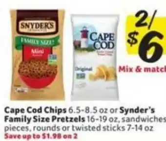 Winn Dixie Cape Cod Chops Or Synder's Family Size Pretzels, Sandwiches Pieces, Rounds Or Twisted Sticks offer
