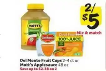 Winn Dixie Del Monte Fruit Cups Or Mott's Applesauce offer