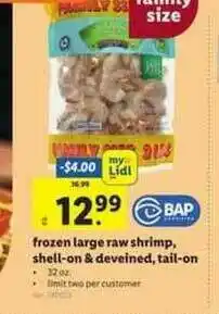 Lidl Frozen Large Raw Shrimp, Shell-on & Deveined, Tail-on offer