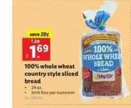 Lidl 100% Whole Wheat Country Style Sliced Bread offer