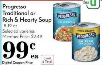 Pavilions Progresso Traditional Or Rich & Hearty Soup offer