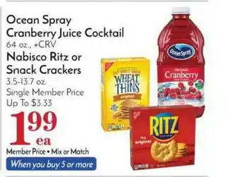 Pavilions Ocean Spray, Cranberry Juice Cocktail, Nabisco Ritz Or Snack Crackers offer