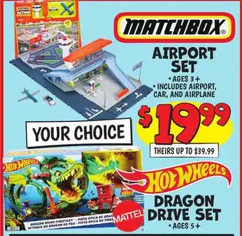 Ollie's Matchbox airport set • ages 3+ • includes airport, car, and airplane dragon drive set • ages 5+ offer