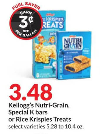 Hy-Vee Kellogg's Nutri-Grain, Special K bars or Rice Krispies Treats 5.28 to 10.4 oz. offer