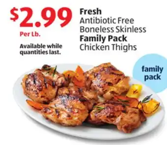 Aldi Fresh antibiotic free boneless skinless family pack chicken thighs offer