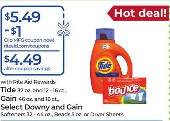 Rite Aid Tide 37 oz. and 12 - 16 ct., gain 46 oz. and 16 ct., select downy and gain offer