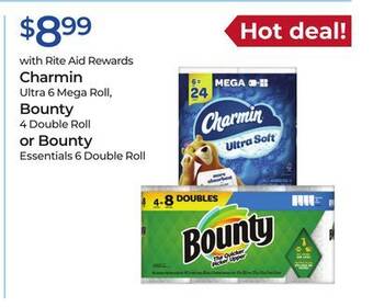 Rite Aid Charmin ultra 6 mega roll, bounty 4 double roll or bounty offer