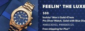Sam's Club Invicta men's gold 47mm pro diver watch, gold with blue dial offer