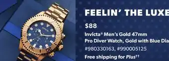 Sam's Club Invicta men's gold 47mm pro diver watch, gold with blue dial offer