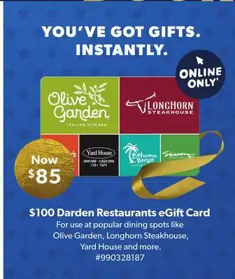 Sam's Club $100 darden restaurants egift card offer