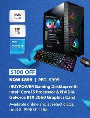 Sam's Club Ibuypower gaming desktop with intel core i5 processor & nvidia geforce rtx 3060 graphics card offer